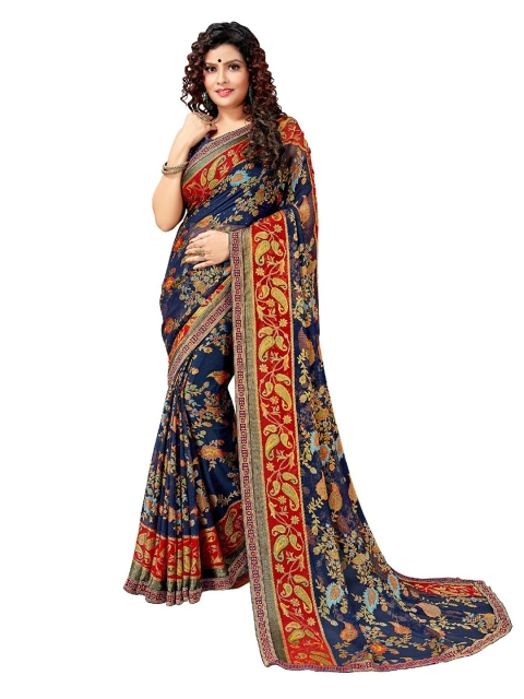 

UNITED LIBERTY Navy Blue & Red Floral Art Silk Saree