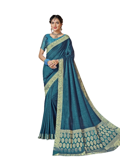 

UNITED LIBERTY Teal Floral Zari Art Silk Block Print Saree