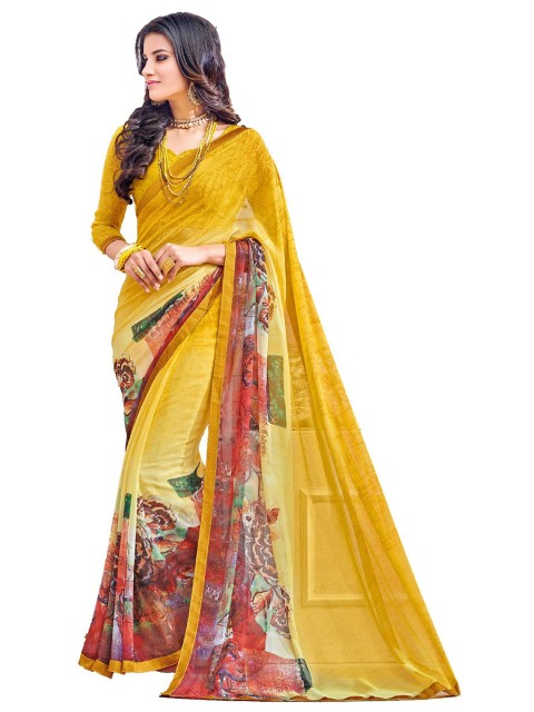 

UNITED LIBERTY Yellow & Red Floral Block Print Saree