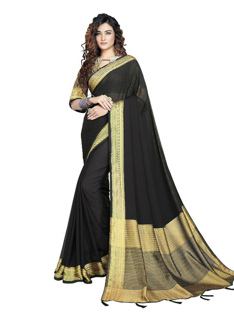 

UNITED LIBERTY Black & Gold-Toned Art Silk Block Print Saree