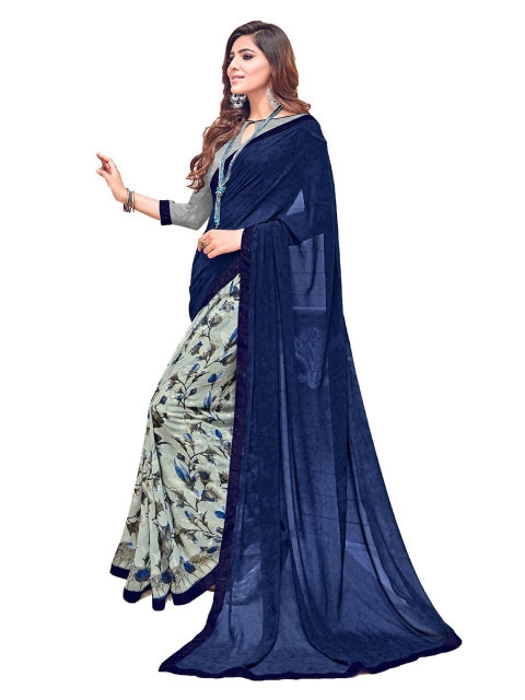

UNITED LIBERTY Blue & Sea Green Floral Block Print Saree