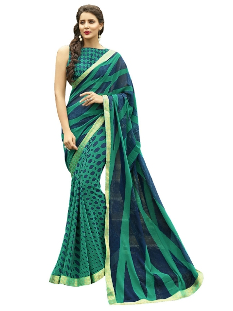 

UNITED LIBERTY Turquoise Blue & Golden Half and Half Block Print Saree