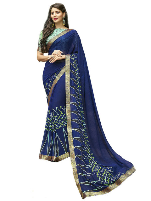 

UNITED LIBERTY Navy Blue & Gold-Toned Block Print Saree