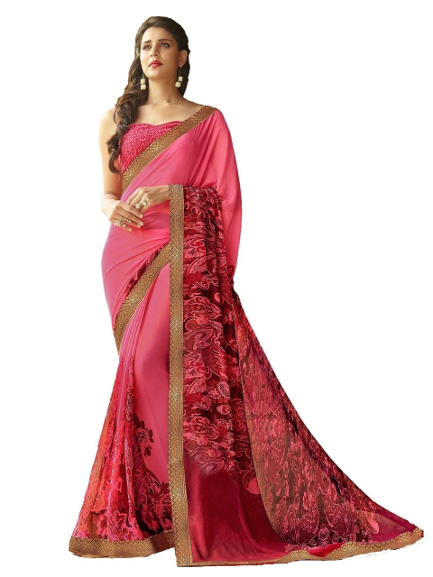 

UNITED LIBERTY Pink & Golden Ethnic Motifs Zari Block Print Saree