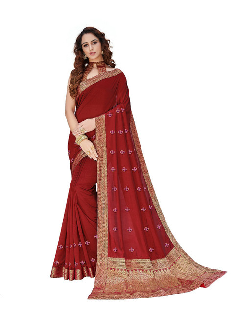 

UNITED LIBERTY Red & Gold-Toned Art Silk Block Print Saree