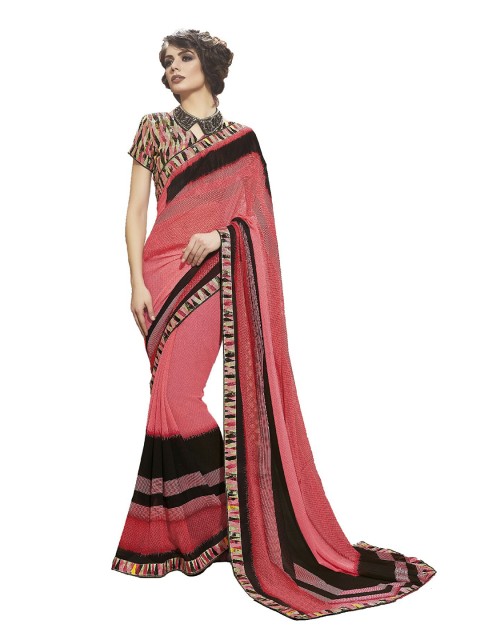 

UNITED LIBERTY Pink & Black Printed Saree