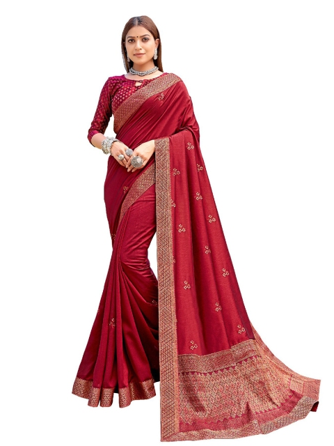 

UNITED LIBERTY Maroon Floral Art Silk Block Print Saree