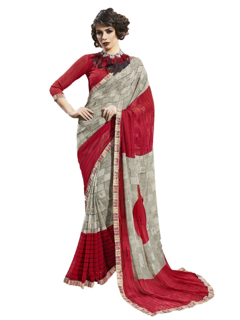 

UNITED LIBERTY Grey & Red Printed Saree