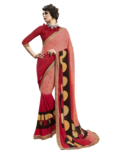 

UNITED LIBERTY Red & Beige Printed Saree
