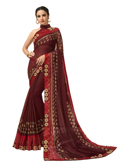 

UNITED LIBERTY Maroon & Gold-Toned Woven Design Art Silk Block Print Saree