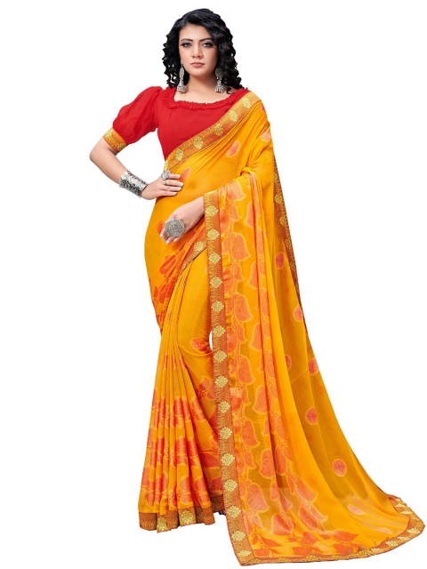 

UNITED LIBERTY Orange & Red Floral Zari Art Silk Saree