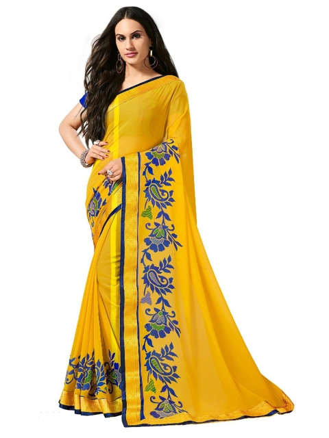 

UNITED LIBERTY Yellow & Blue Floral Zari Art Silk Block Print Saree