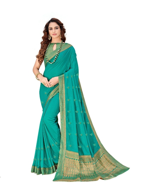 

UNITED LIBERTY Teal & Gold-Toned Art Silk Block Print Saree