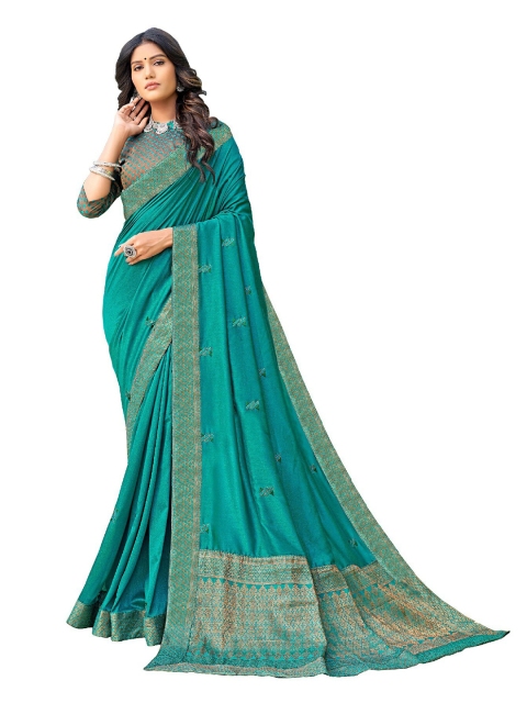 

UNITED LIBERTY Teal & Gold-Toned Floral Art Silk Block Print Saree