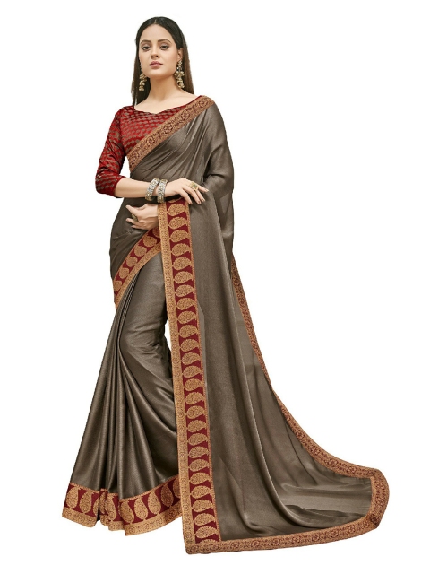 

UNITED LIBERTY Brown & Red Art Silk Block Print Saree