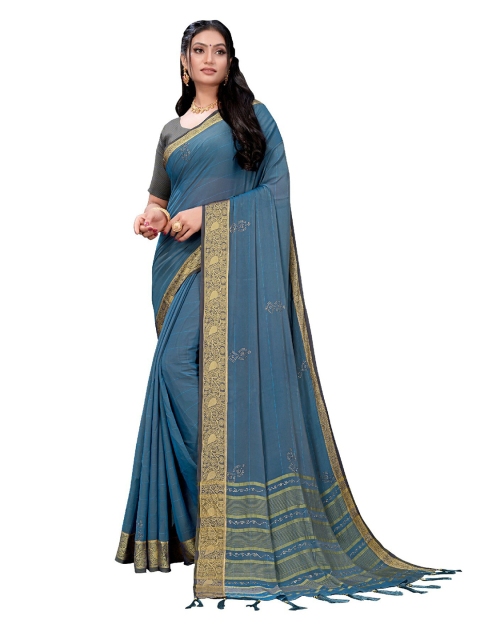 

UNITED LIBERTY Blue Beads and Stones Block Print Saree