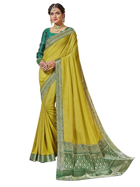 

UNITED LIBERTY Olive Green & Green Art Silk Block Print Saree