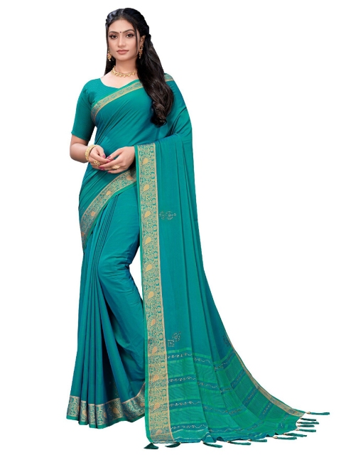 

UNITED LIBERTY Teal & Gold-Toned Printed Saree