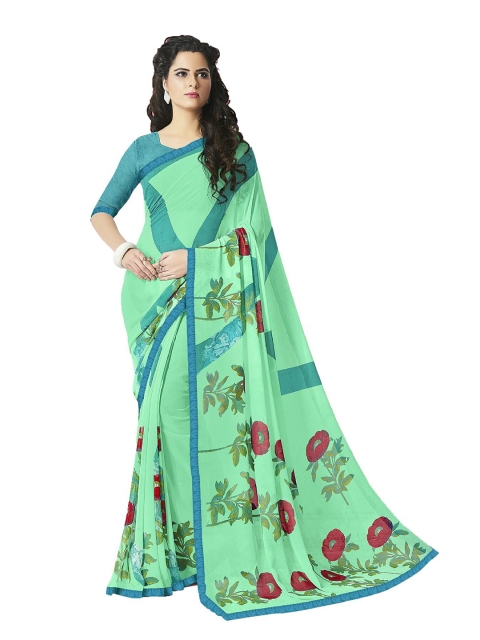 

UNITED LIBERTY Green & Blue Floral Block Print Saree