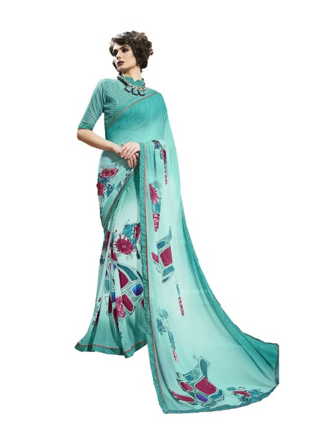 

UNITED LIBERTY Teal Blue & Burgundy Floral Block Print Saree