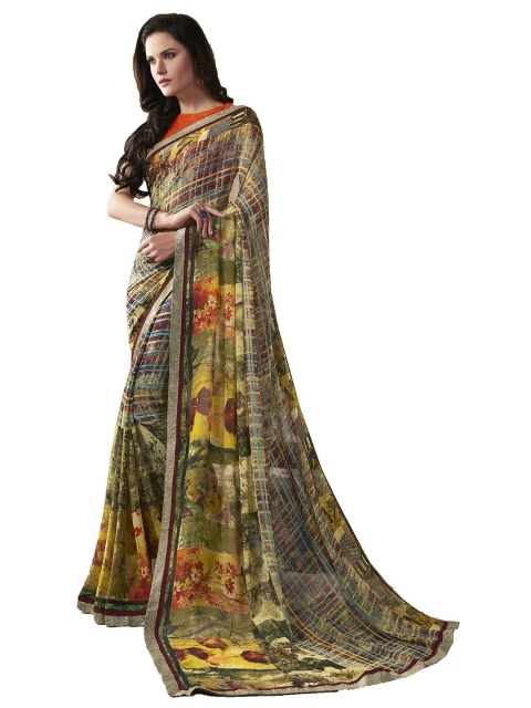

UNITED LIBERTY Brown & Green Block Print Saree