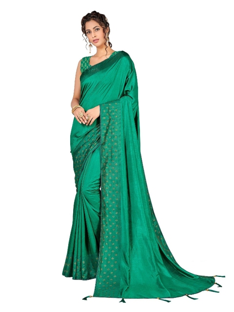 

UNITED LIBERTY Green & Gold-Toned Beads and Stones Art Silk Block Print Saree