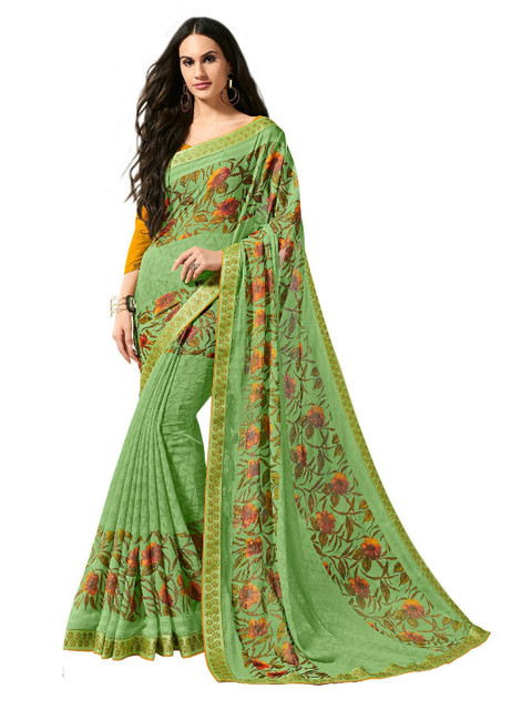 

UNITED LIBERTY Green & Red Floral Art Silk Block Print Saree