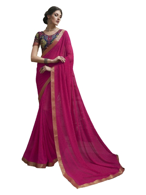 

UNITED LIBERTY Pink & Golden Ethnic Motifs Zari Block Print Saree