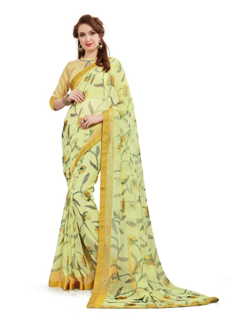 

UNITED LIBERTY Cream-Coloured & Green Woven Design Art Silk Block Print Saree