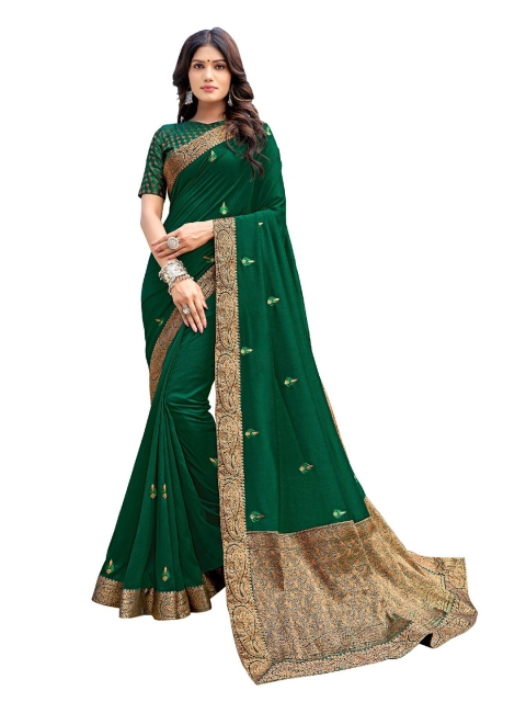 

UNITED LIBERTY Green & Gold-Toned Floral Zari Art Silk Saree