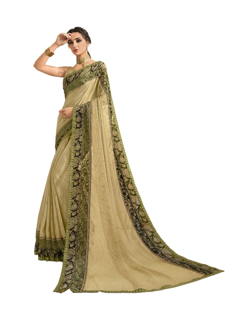 

UNITED LIBERTY Cream-Coloured & Green Art Silk Block Print Saree