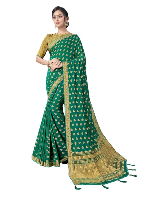 

UNITED LIBERTY Teal & Gold-Toned Woven Design Block Print Saree