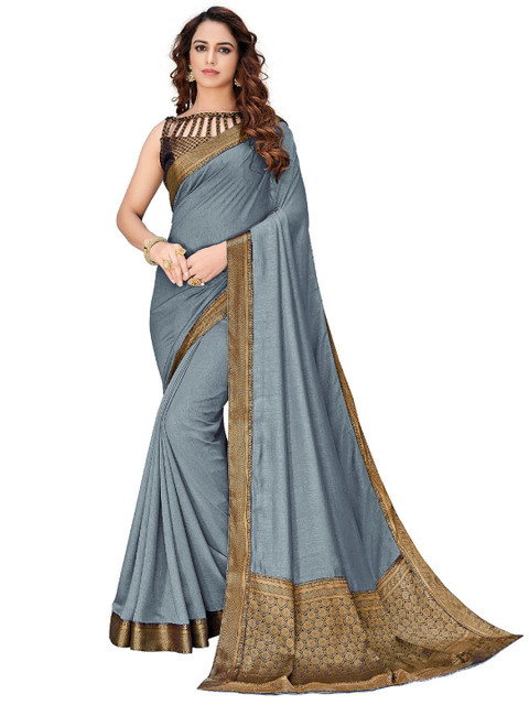

UNITED LIBERTY Grey & Gold-Toned Zari Art Silk Block Print Saree
