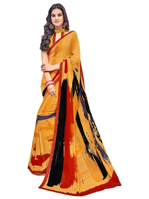 

UNITED LIBERTY Yellow & Red Printed Saree