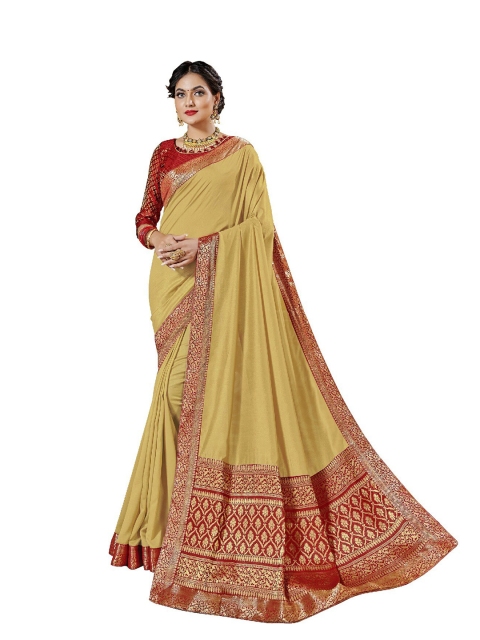 

UNITED LIBERTY Cream-Coloured & Red Ethnic Motifs Art Silk Block Print Saree
