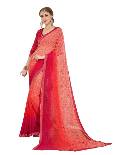 

UNITED LIBERTY Peach-Coloured & Red Block Print Saree