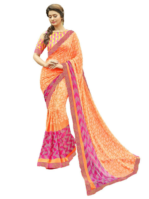 

UNITED LIBERTY Orange & Pink Woven Design Block Print Saree