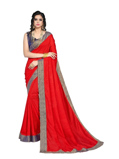 

UNITED LIBERTY Red & Navy Blue Zari Art Silk Block Print Saree