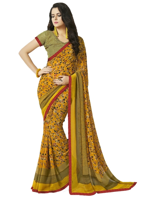 

UNITED LIBERTY Olive Green & Red Floral Block Print Saree