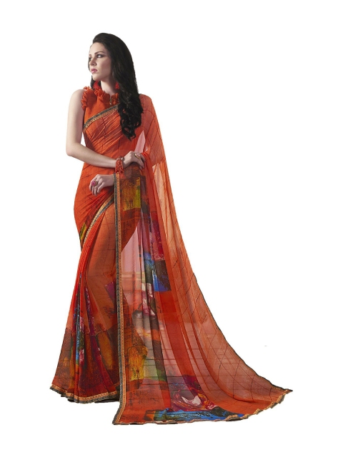 

UNITED LIBERTY Orange & Blue Printed Zari Saree