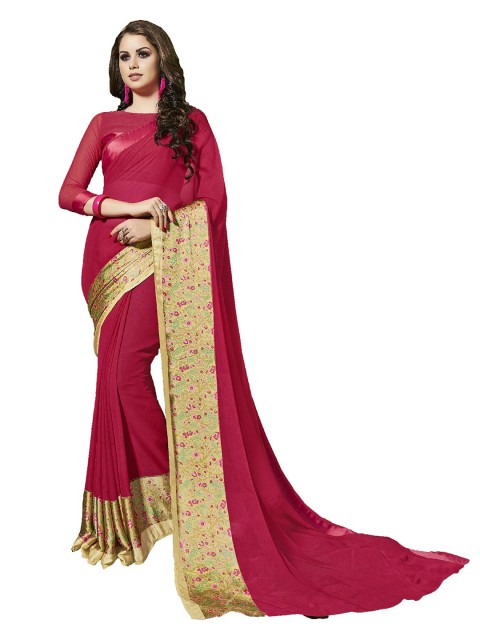 

UNITED LIBERTY Burgundy & Gold-Toned Floral Art Silk Block Print Saree