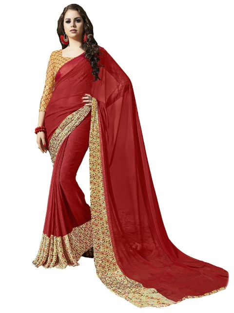 

UNITED LIBERTY Red & Yellow Floral Art Silk Block Print Saree