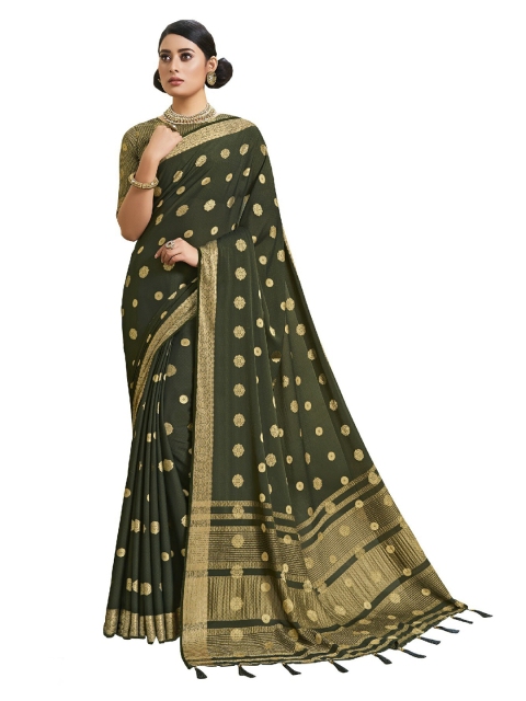 

UNITED LIBERTY Olive Green & Gold-Toned Woven Design Art Silk Saree