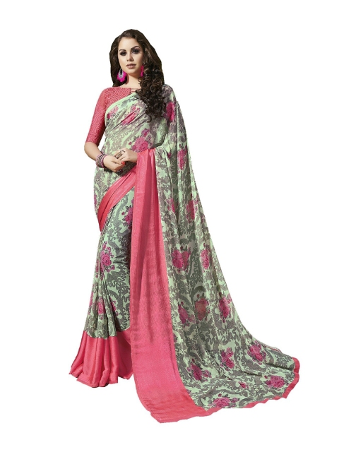 

UNITED LIBERTY Green & Pink Floral Art Silk Block Print Saree