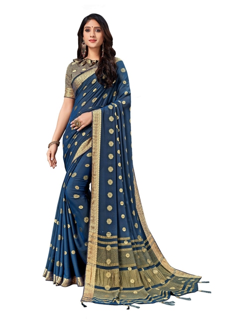 

UNITED LIBERTY Blue & Gold-Toned Woven Design Art Silk Block Print Saree