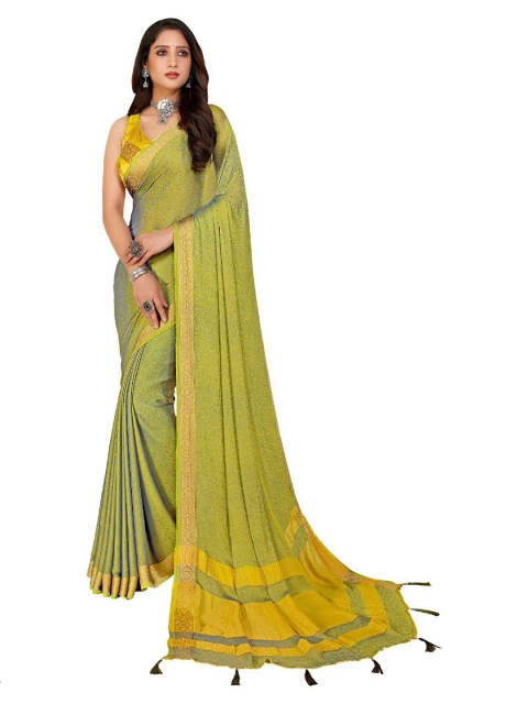 

UNITED LIBERTY Lime Green & Yellow Woven Design Art Silk Block Print Saree