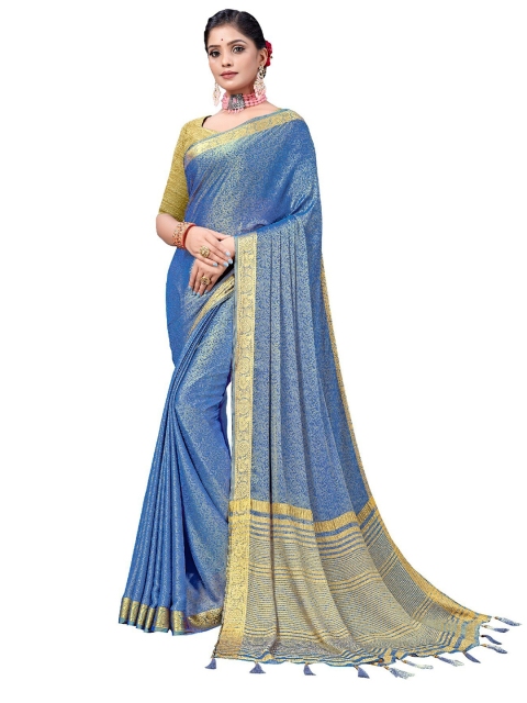 

UNITED LIBERTY Blue & Golden Floral Zari Art Silk Block Print Saree