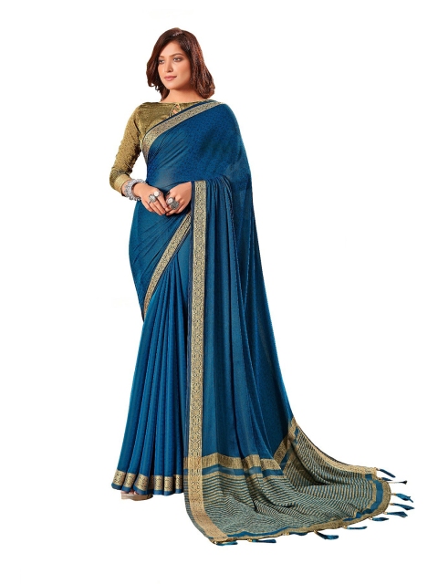 

UNITED LIBERTY Blue & Gold-Toned Printed Zari Art Silk Saree