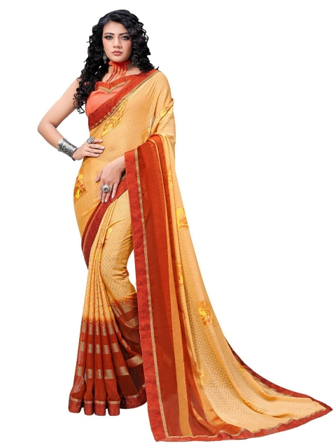 

UNITED LIBERTY Cream-Coloured Ethnic Motifs Art Silk Block Print Saree