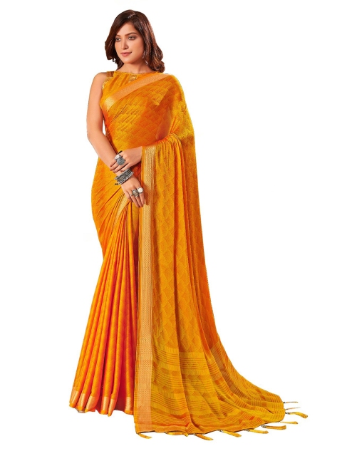 

UNITED LIBERTY Yellow Floral Art Silk Block Print Saree